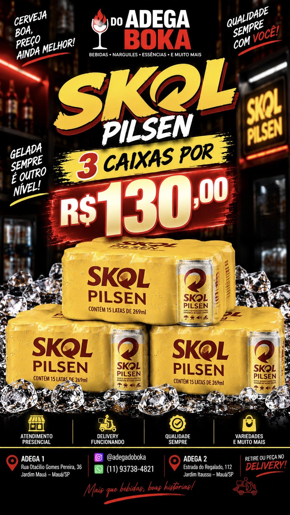 Cerveja Skol Pilsen gelada, 3 caixas com 15 latas de 269 ml