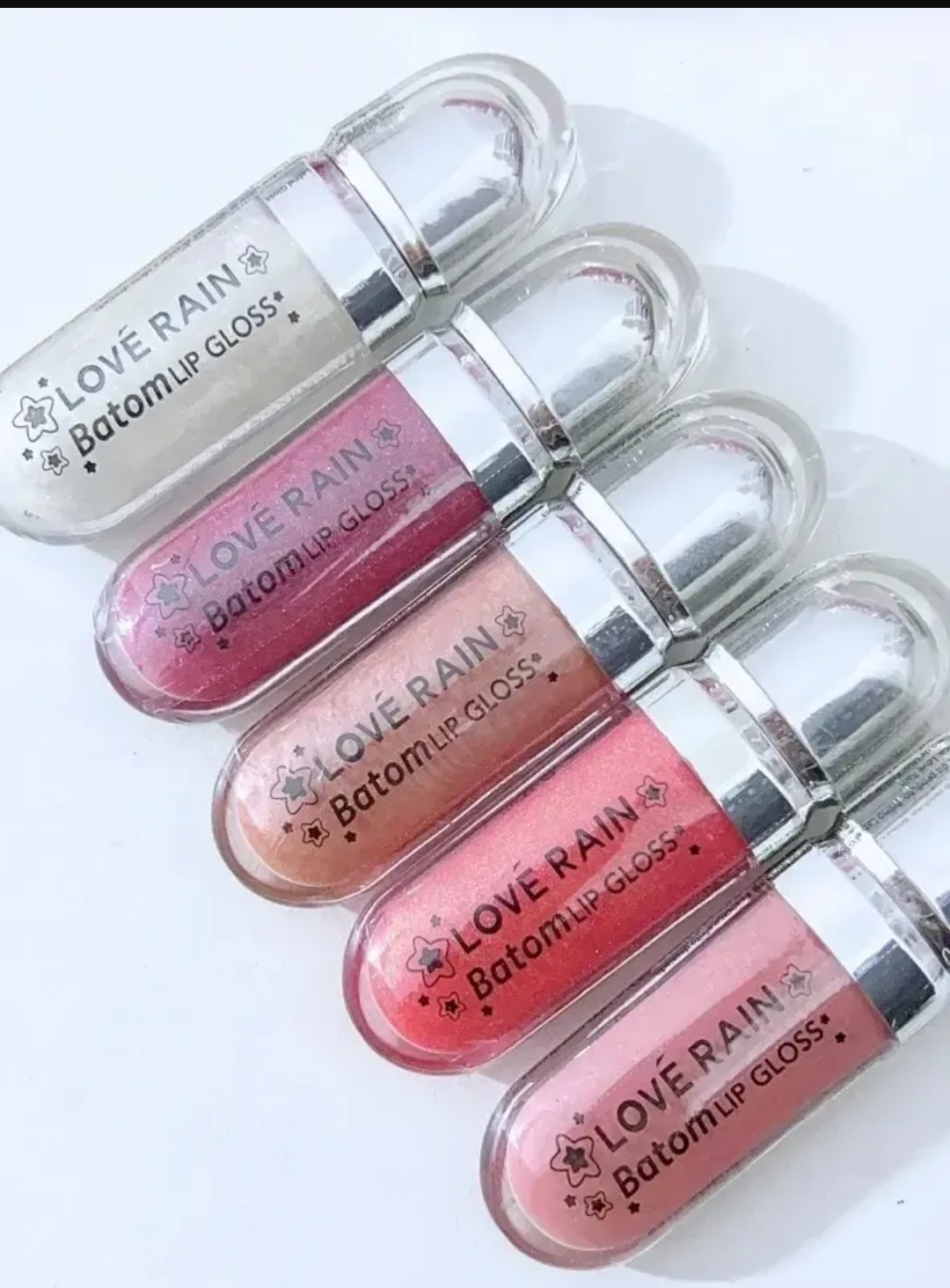 Gloss labial Love Rain com 5 tons e brilhinhos leves
