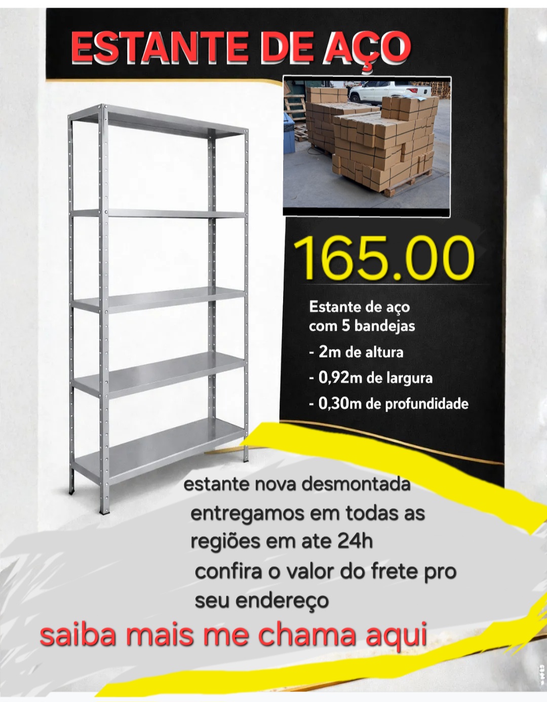 Estante de aço cinza com 5 bandejas