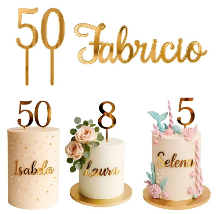 Topo de bolo acrílico espelhado personalizado com nome e número