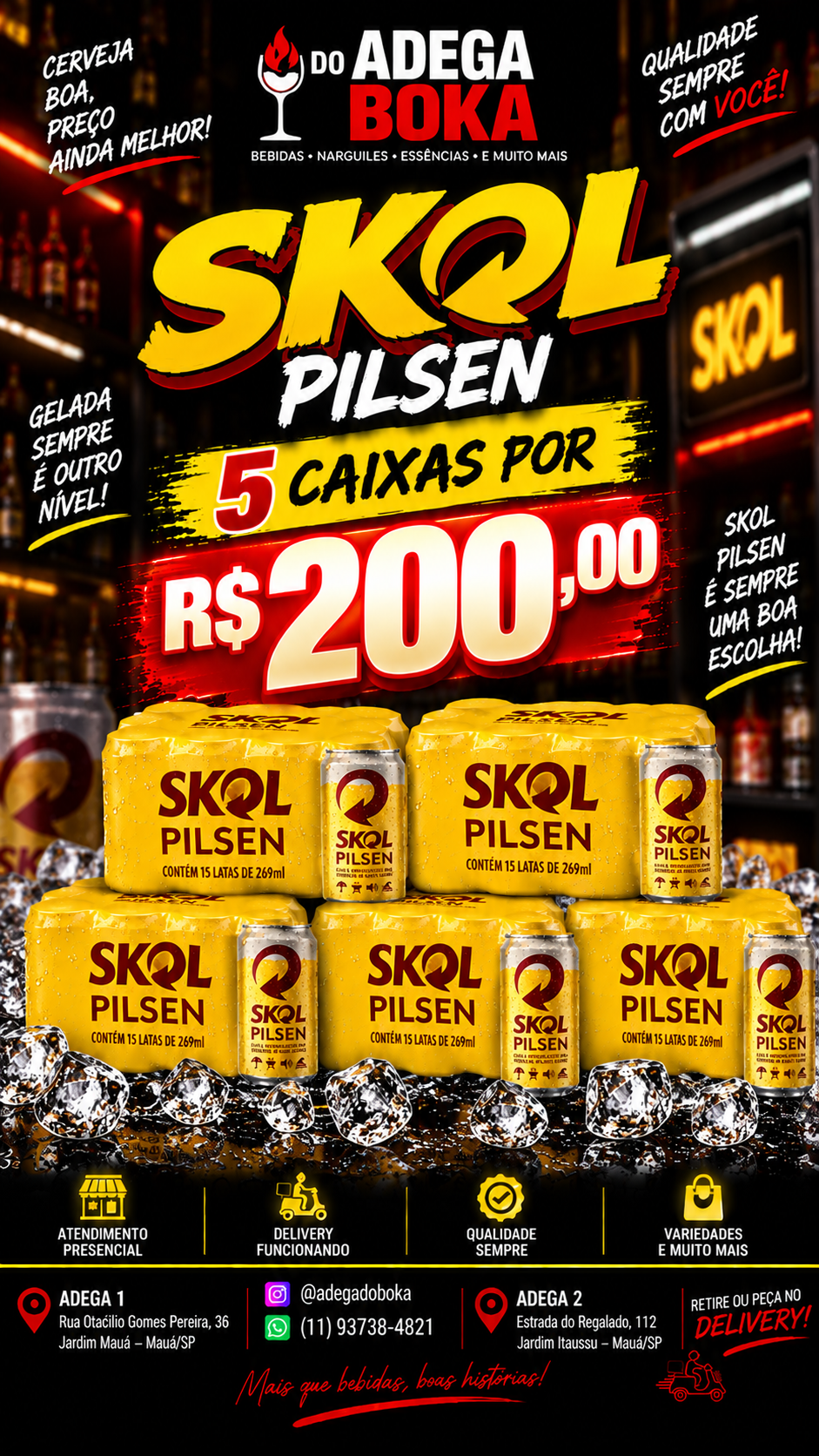 Cerveja Skol pilsen com 5 caixas de 15 latas
