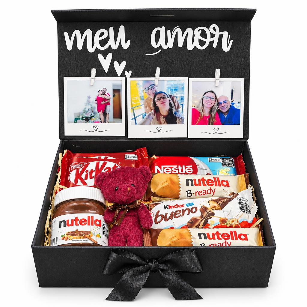 Box Meu amor com chocolates, ursinho e fotos personalizadas